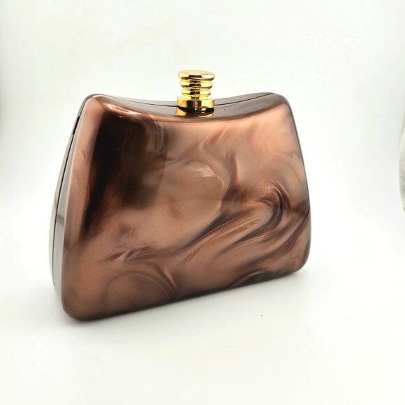 Vintage Brown Marbled Acrylic Box Clutch with Gold Chain Strap - Picture 3 of 16